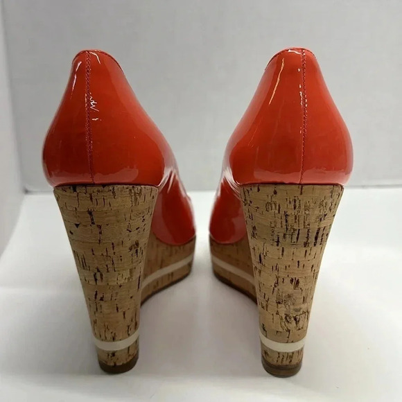 Prada Heels Peep Toe Wedges Espadrilles Cork Pump Shoes Coral Pink Size 38 US 8 - Picture 5 of 11